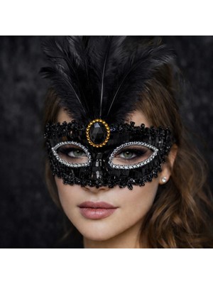 Gültekin Lüks Siyah Tüylü Taşlı Balo Maskesi