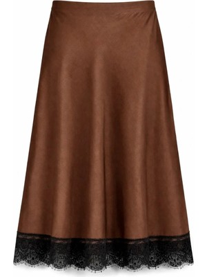 Mixray 4889 Kadın Dantel Detaylı Saten Midi Etek Kahve