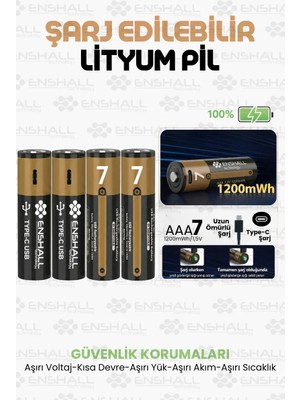 Enshall Aaa Type-C Şarj Edilebilir Ince Kalem Pil 1.5V 1200MWH Kapasiteli Lityum-Ion Kumanda Pili