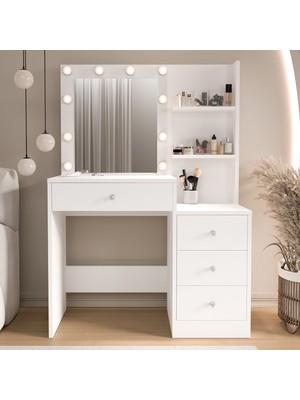 Robin Home Hollywood Makyaj Masası 4 Çekmeceli Düzenleyici Hollywood LED Işıklı Raflı Beyaz