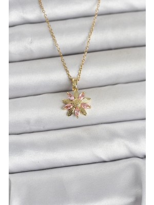 Gültekin 316L Çelik Zincir Gold Renk Pembe Papatya Model Kadın Kolye