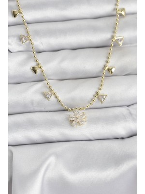 Gültekin Pirinç Gold Renk Zirkon Taşlı Çiçek Model Kadın Kolye