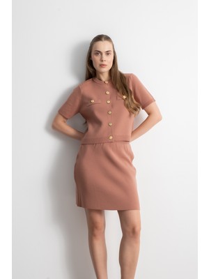 Shophia Gold Düğmeli Triko Etek Bluz Takım