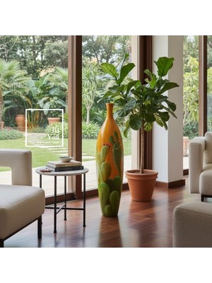 İki Yedi Konsept Dayanıklılığın Sanatla Buluşması Salvador Kaktüs Desenli Porselen Vazo 88 cm Büyük Boy Lüks Objeler