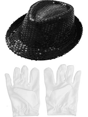 Gültekin Siyah Renk Payetli Çocuk Şapkası ve Beyaz Renk Çocuk Eldiveni