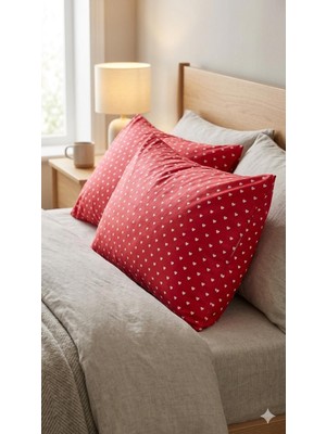Gülgel Tekstil Kırmızı Kalp Desenli Ranforce Yastık Kılıfı Seti (2'li) - 50X70 cm Fermuarlı Baskılı Kılıf
