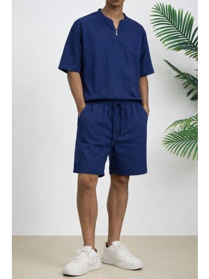 Tarz Cool Erkek Oversize Şort Takım V Yaka Yırtmaçlı Tişört Rahat Kesim Yazlık Takım