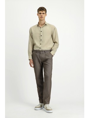 Kiğılı 7 Drop Slim Fit Dar Kesim Desenli Keten Karışımlı Pileli Klasik Kumaş Pantolon
