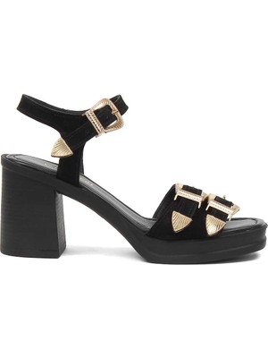 Celal Gültekin Kadın Siyah Kalın Topuklu Süet Deri Sandalet