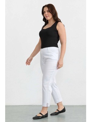 Selen Büyük Beden Paçası Taşlı Pamuk Pantolon  /  Beyaz