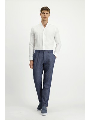 Kiğılı 7 Drop Slim Fit Dar Kesim Desenli Keten Karışımlı Pileli Klasik Kumaş Pantolon