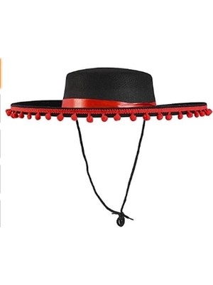 Gültekin Kırmızı Ponponlu Siyah Renk Çocuk Ispanyol Şapkası
