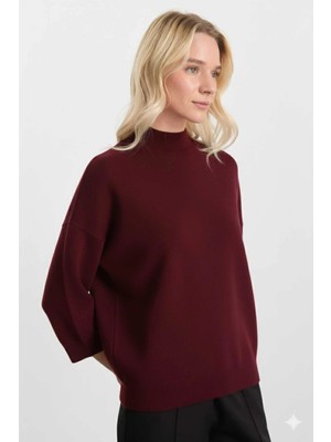 Selen Dik Yaka Truvakar Kol Triko Bluz  /  Bordo
