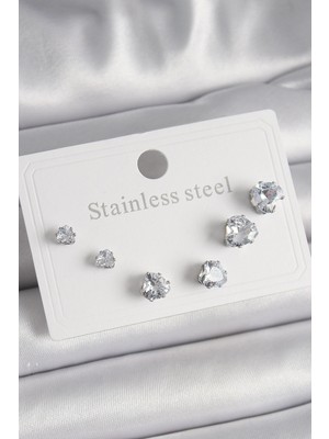 Gültekin 316L Çelik Gümüş Renk Zirkon Taşlı Kalp Model Kadın Küpe Seti