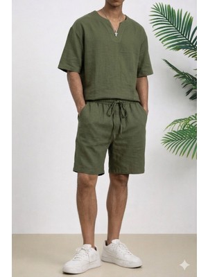Tarz Cool Erkek Oversize Şort Takım V Yaka Yırtmaçlı Tişört Rahat Kesim Yazlık Takım
