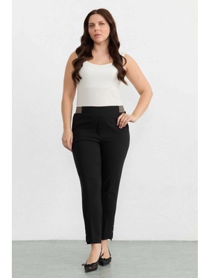 Selen Büyük Beden Kemeri Çizgili Lastikli Dar Paça Pantolon  /  Siyah