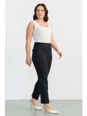 Selen Büyük Beden Beli Geniş Lastikli Süs Cep Pantolon  /  Lacivert