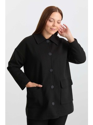 Selen Büyük Beden Yanları Oval Dıştan Cep Kaban  /  Siyah