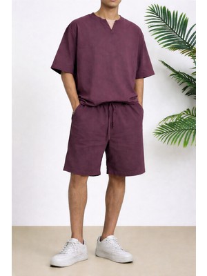 Tarz Cool Erkek Oversize Şort Takım V Yaka Yırtmaçlı Tişört Rahat Kesim Yazlık Takım