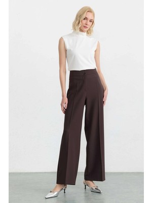 Selen Beli Yandan Geniş Lastikli Bol Paça Pantolon  /  Kahve