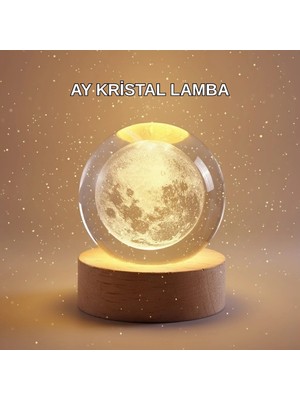 Gültekin 8 cm Ay Desenli Kristal Küre Sıcak LED Işıklı Ahşap Tabanlı Oda Lambası