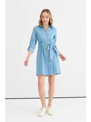 Selen Şömizye Yaka Kolu Kıvırmalı Beli Kemerli Elbise  /  A.mavi