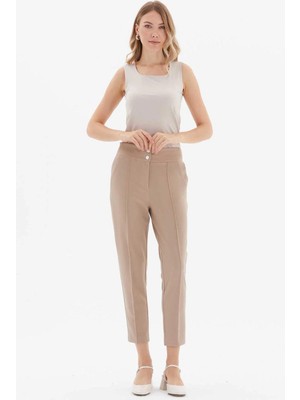 Selen Beli Geniş Lastikli Süs Cep Dar Paça Pantolon  /  Bej