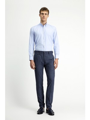 Kiğılı 7 Drop Slim Fit Dar Kesim Keten Karışımlı Çizgili Tokalı Klasik Kumaş Pantolon