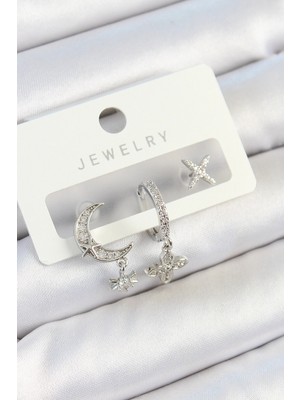 Gültekin Pirinç Zirkon Taşlı Çiçek ve Ay Model Gümüş Renk 3'lü Çift Kadın Küpe Set