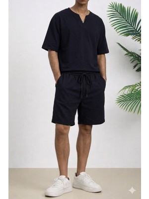 Tarz Cool Erkek Oversize Şort Takım V Yaka Yırtmaçlı Tişört Rahat Kesim Yazlık Takım