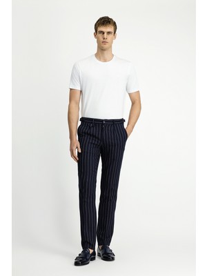 Kiğılı 7 Drop Slim Fit Dar Kesim Keten Karışımlı Çizgili Tokalı Klasik Kumaş Pantolon