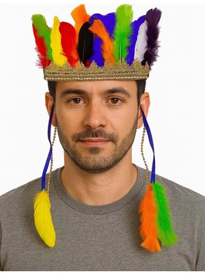 Gültekin Rengarenk Tüylerle Işlenmiş Lastikli Kızılderili Başlığı