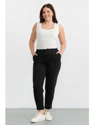 Selen Büyük Beden Beli Lastikli Duble Paça Örme Pantolon  /  Siyah