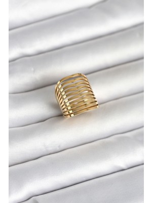 316L Çelik Gold Renk Plaka Model Kadın Yüzük Midastech