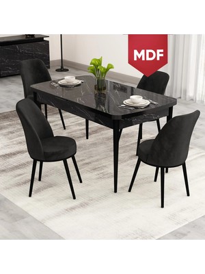 Canisa Nix Serisi Açılabilir MDF 70X114 Siyah Mermer Desen Mutfak Masası Takımı ve 4 Sandalye