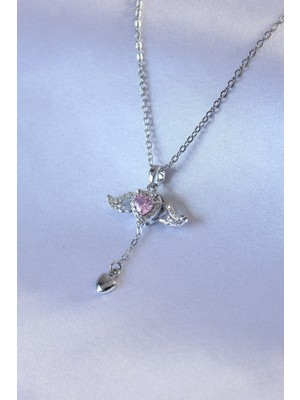 Gültekin 316L Çelik Gümüş Renk Kanatlı Kalp Figür Zirkon Taş Detay Kadın Kolye