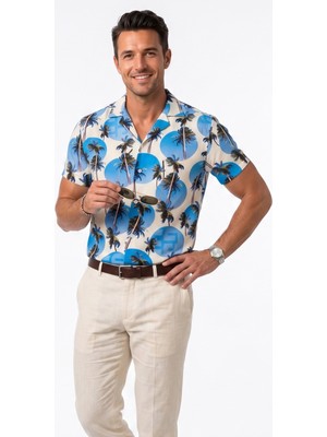 Exve Exclusive Beyaz Üzeri Mavi Desenli Palmiyeli Nefes Alan Viskonlu Rahat Kısakol Yazlık Soft Hawaii Gömlek
