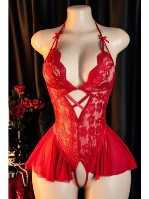 Çamaşır Kenti Kadın Kırmızı Dantel ve Tül Detaylı Derin V Yaka Teddy Gecelik