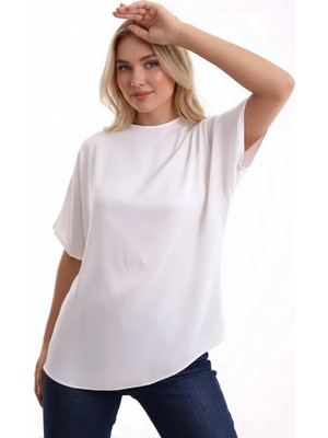 Droptan Drapeli Yuvarlak Yaka Kısa Kol Fermuar Kapamalı Geniş Kesim Dökümlü Cool ve Şık Saten Bluz