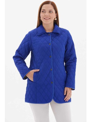 Selen Büyük Beden Klasik Içi Ekose Kapitone Uzun Mont  /  Saks