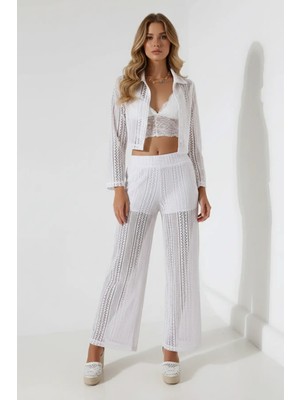 Droptan Dantel Desenli Jakarlı Crop Gömlek Yaka Ceket