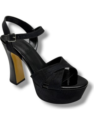 Defne 788-26 Simli Saten Çapraz Bant 30MM Platform Topuk Kadın SANDALET(12CM)