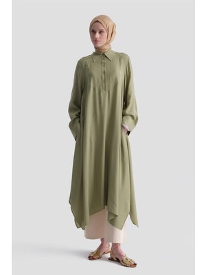 Armine Asimetrik Uzun Tunik Elbise Yağ Yeşili