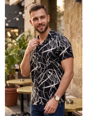 Exve Exclusive Siyah Beyaz Abstract Desen Doğal Nefes Alan Viskon Rahat Kısakol Yazlık Soft Hawaii Gömlek