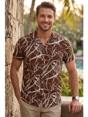 Exve Exclusive Kapuçino Kahve Beyaz Abstract Doğal Nefes Alan Viskon Rahat Kısakol Yazlık Soft Hawaii Gömlek