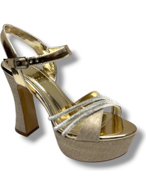 Defne 798-26 Simli Saten Çapraz Taşlı 30MM Platform Topuk Kadın SANDALET(12CM)