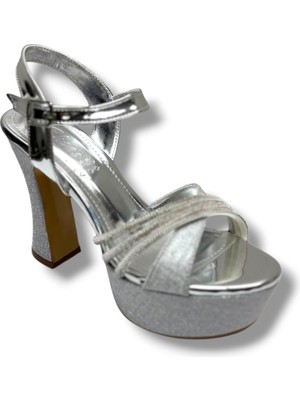 Defne 798-26 Simli Saten Çapraz Taşlı 30MM Platform Topuk Kadın SANDALET(12CM)
