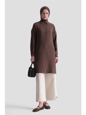 Armine Arkası Nakışlı Tunik Elbise Kahverengi