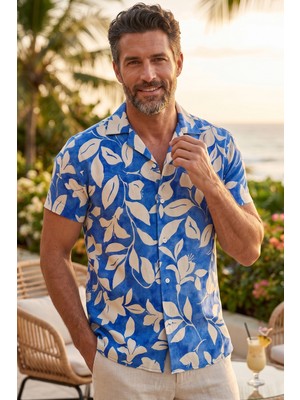 Exve Exclusive Mavi Bej Çiçek Baskılı Doğal Nefes Alan Viskon Rahat Kısakol Yazlık Soft Hawaii Gömlek