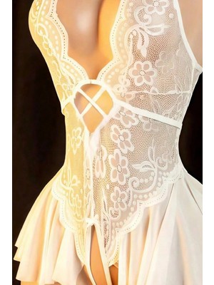 Çamaşır Kenti Kadın Beyaz Dantel ve Tül Detaylı Derin V Yaka Teddy Gecelik